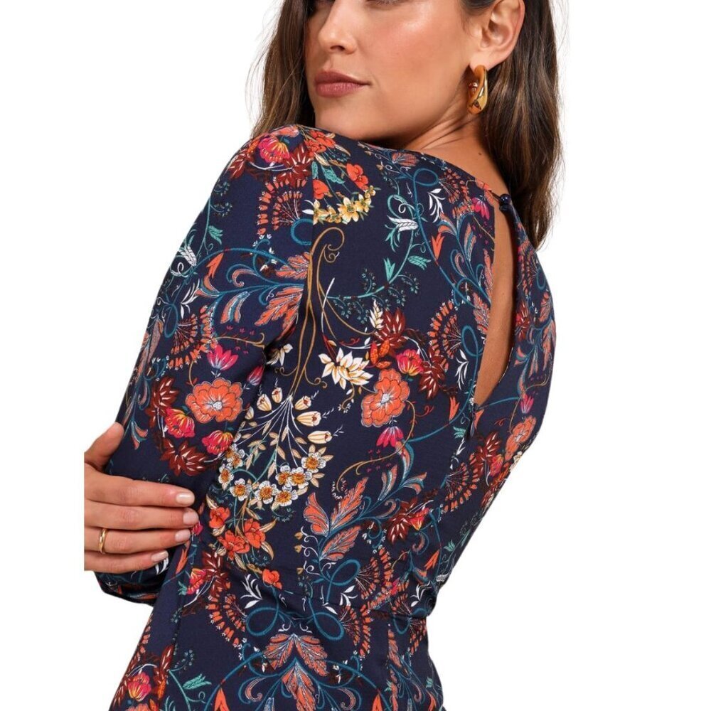 I.Madeline Garden Splendor Navy Blue Flora | Long Sleeve Midi Dress Sz: Small - Picture 11 of 16